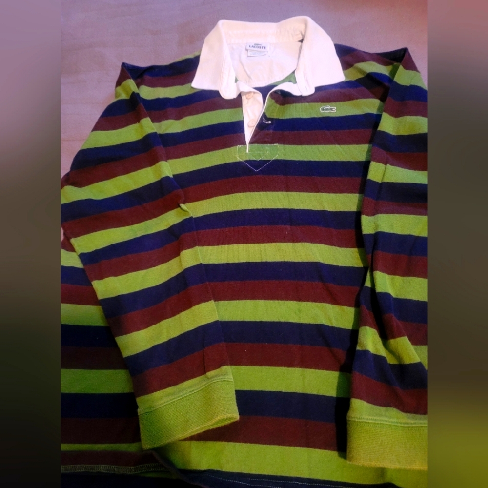 Lacoste Green and Purple Striped Polo Shirt